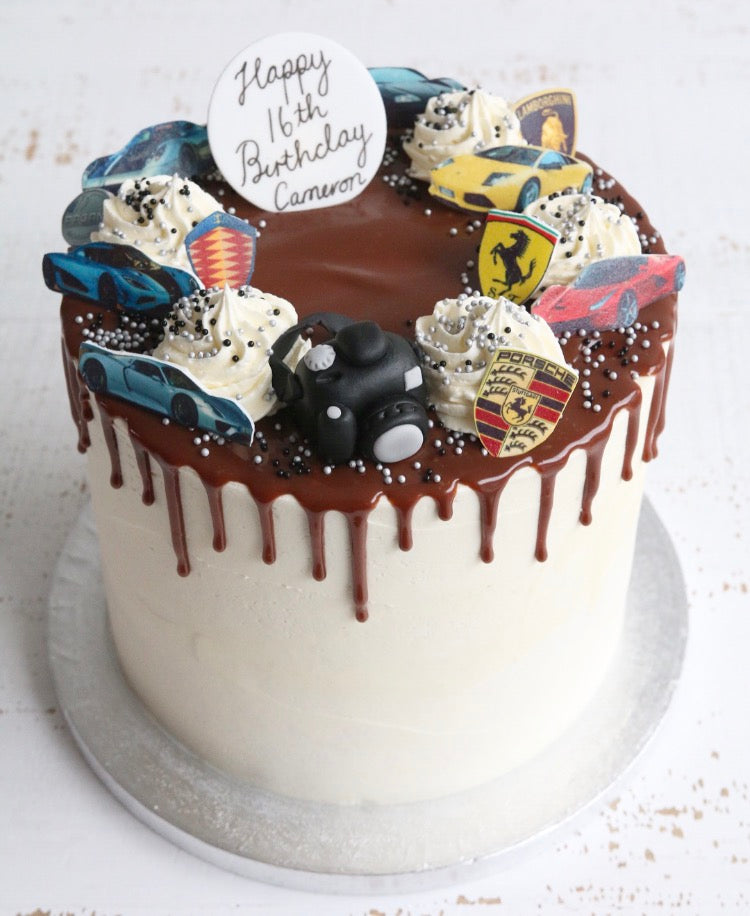 Birthday Drip Cake with Supercar Logo & Car Decorations