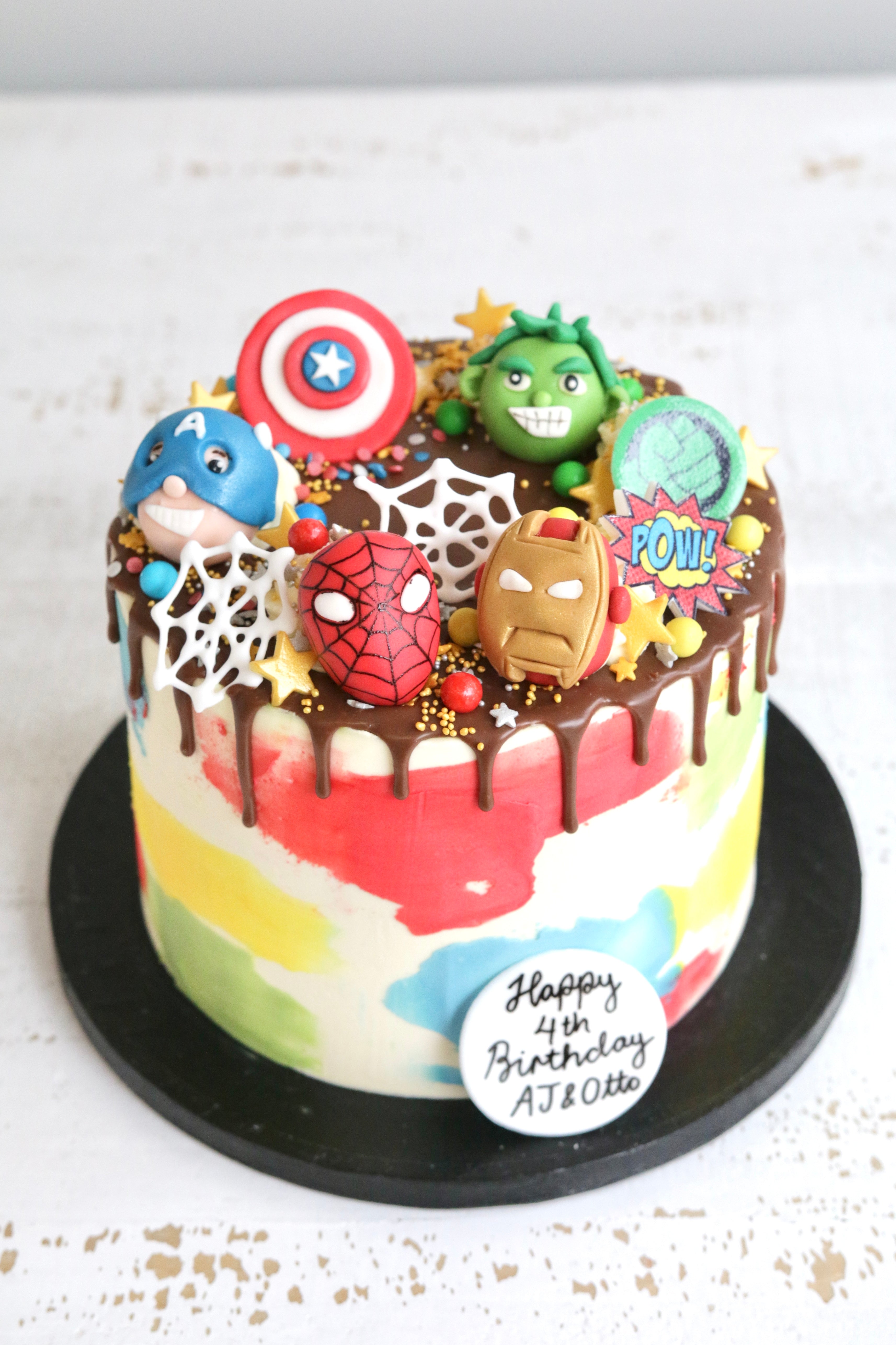 Multi-coloured Superhero Birthday Cake with fondant Spiderman, Captain America, Iron Man and Hulk Heads