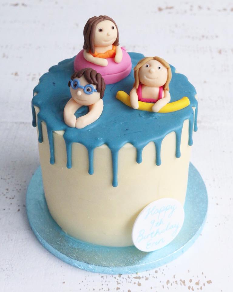 Blue Birthday Drip Cake with Fondant Swimming Characters
