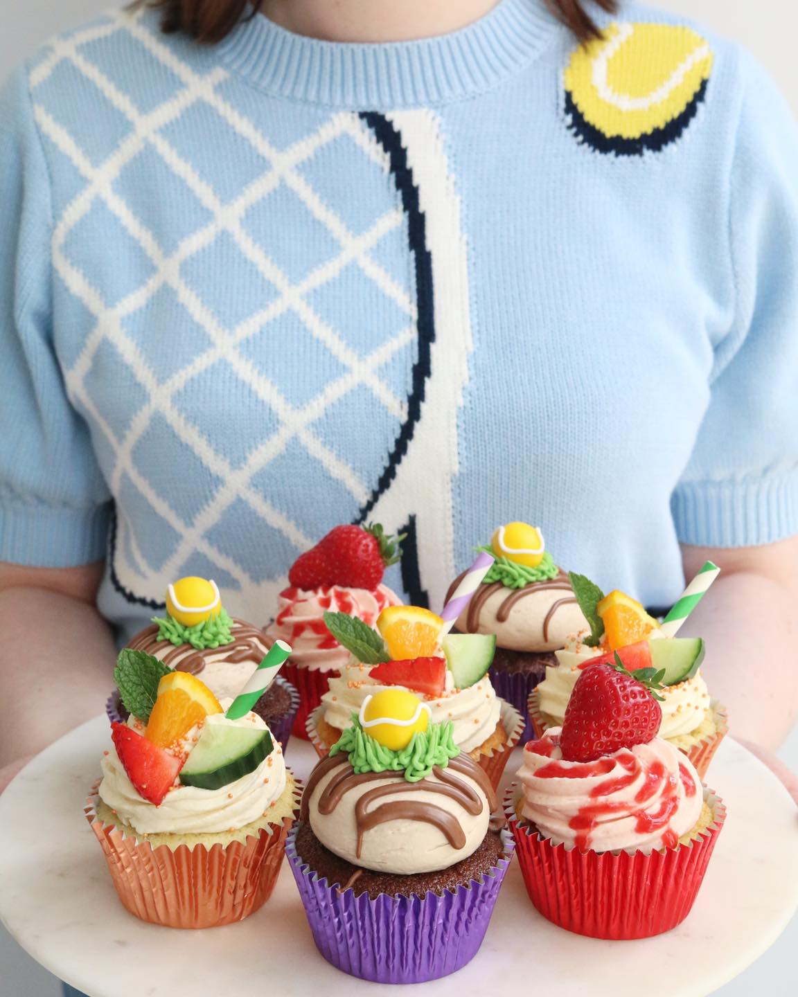 Wimbledon Tennis Cupcakes - Pimm's Cupcakes, Chocolate Cupcakes with Tennis Ball Decorations and Strawberry Cupcakes