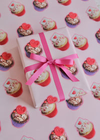 Valentine's Love Letter Cupcake Wrapping Paper with Wrapped Present on angle