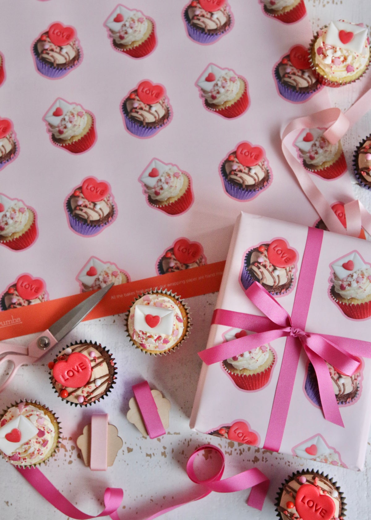 Valentine's Love Letter Cupcake Wrapping Paper with Cupcakes and Ribbon