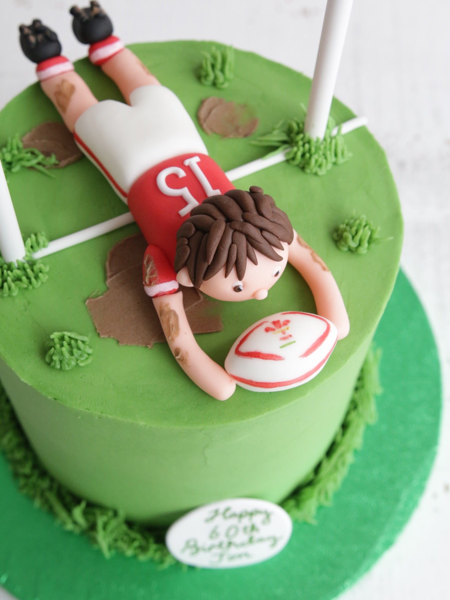 Wales Rugby Birthday Cake - Green Buttercream Cake with Wales Rugby Player, Rugby Ball and Posts