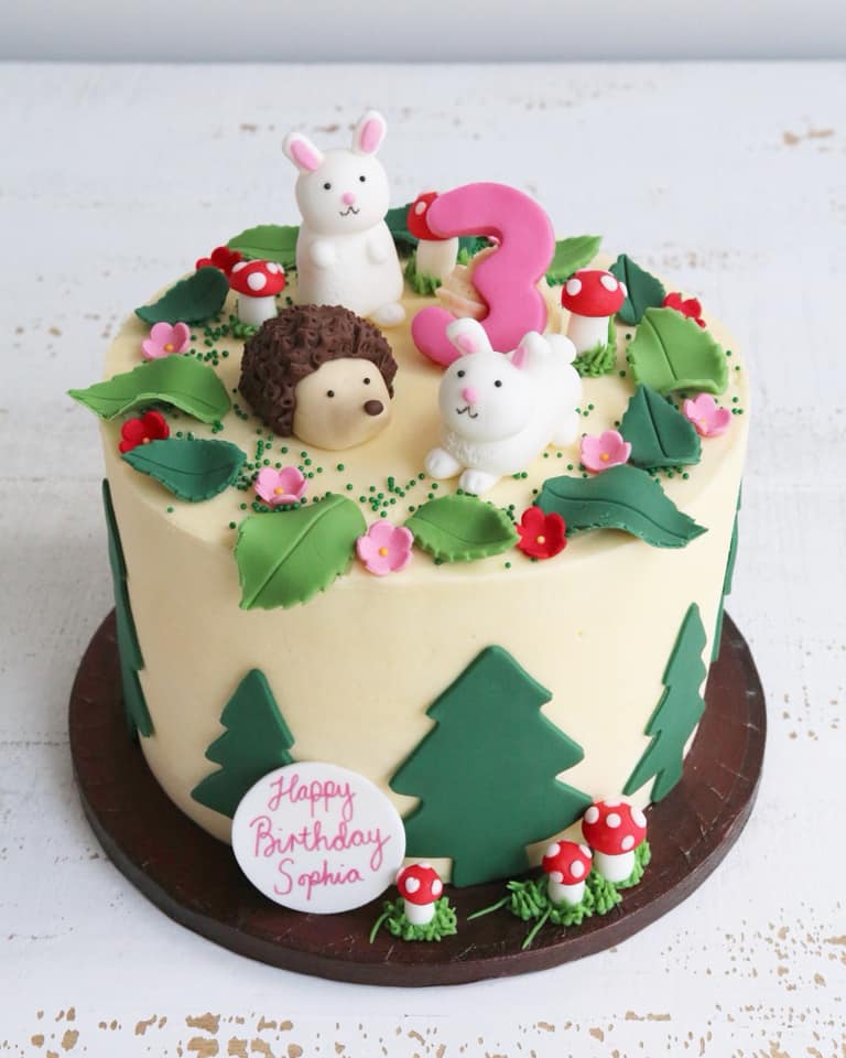 Woodland Cake with Bunnies and Hedghog