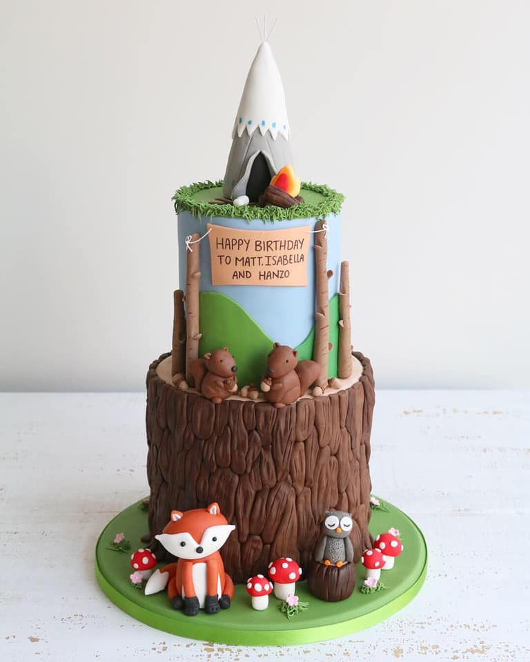 Two Tier Woodland Cake with Fox, Squirrels and Owl