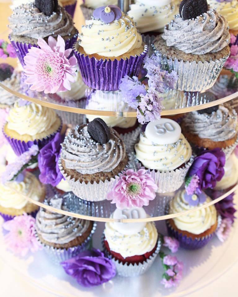 50th Birthday Purple Cupcake Tower Close Up