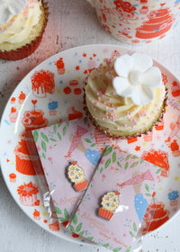 Illustrated Plate Featuring Cake & Cupcakes with Cupcake Pins