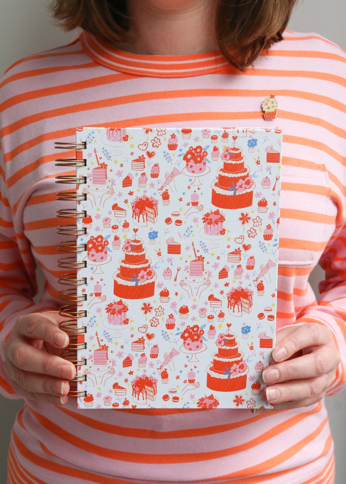 Illustrated Notebook Featuring Cake & Cupcakes with Sweater & Pin