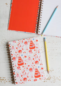 Illustrated Notebook Featuring Cake & Cupcakes with Orange Lining & Pencils