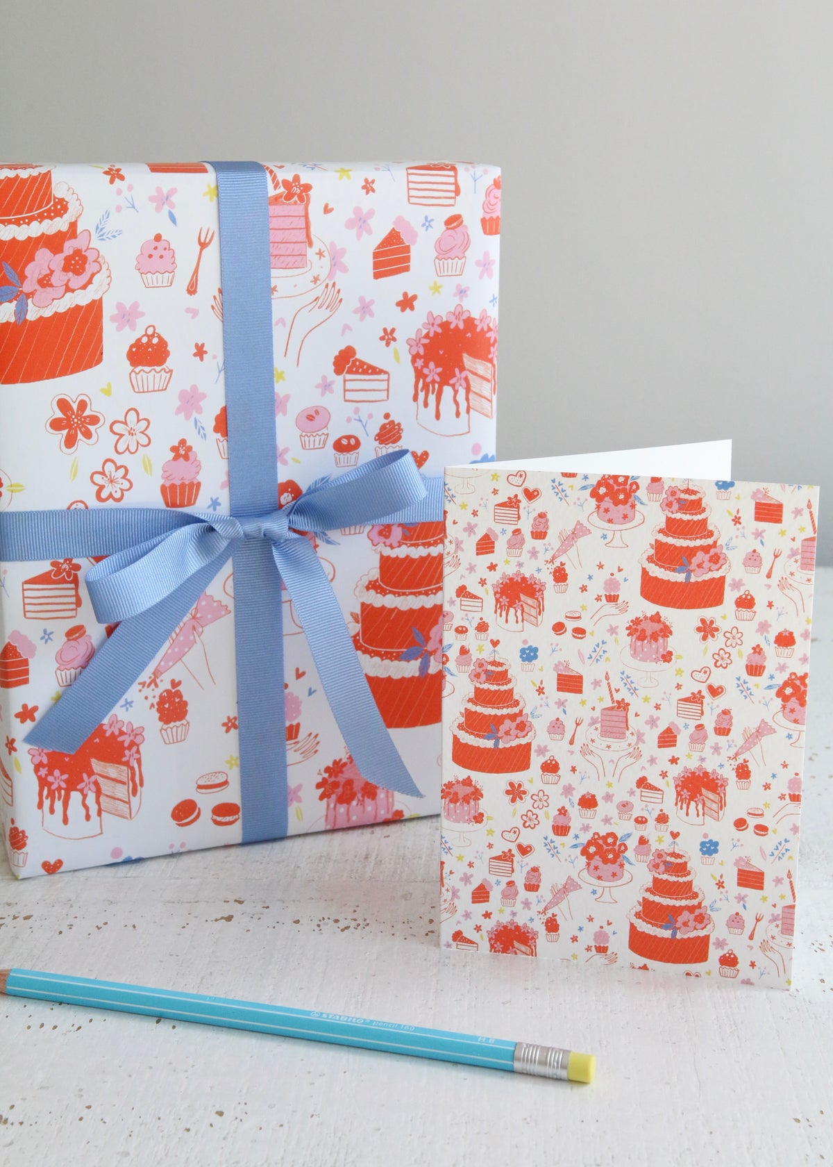 Cake & Cupcakes Orange Wrapping Paper with Card