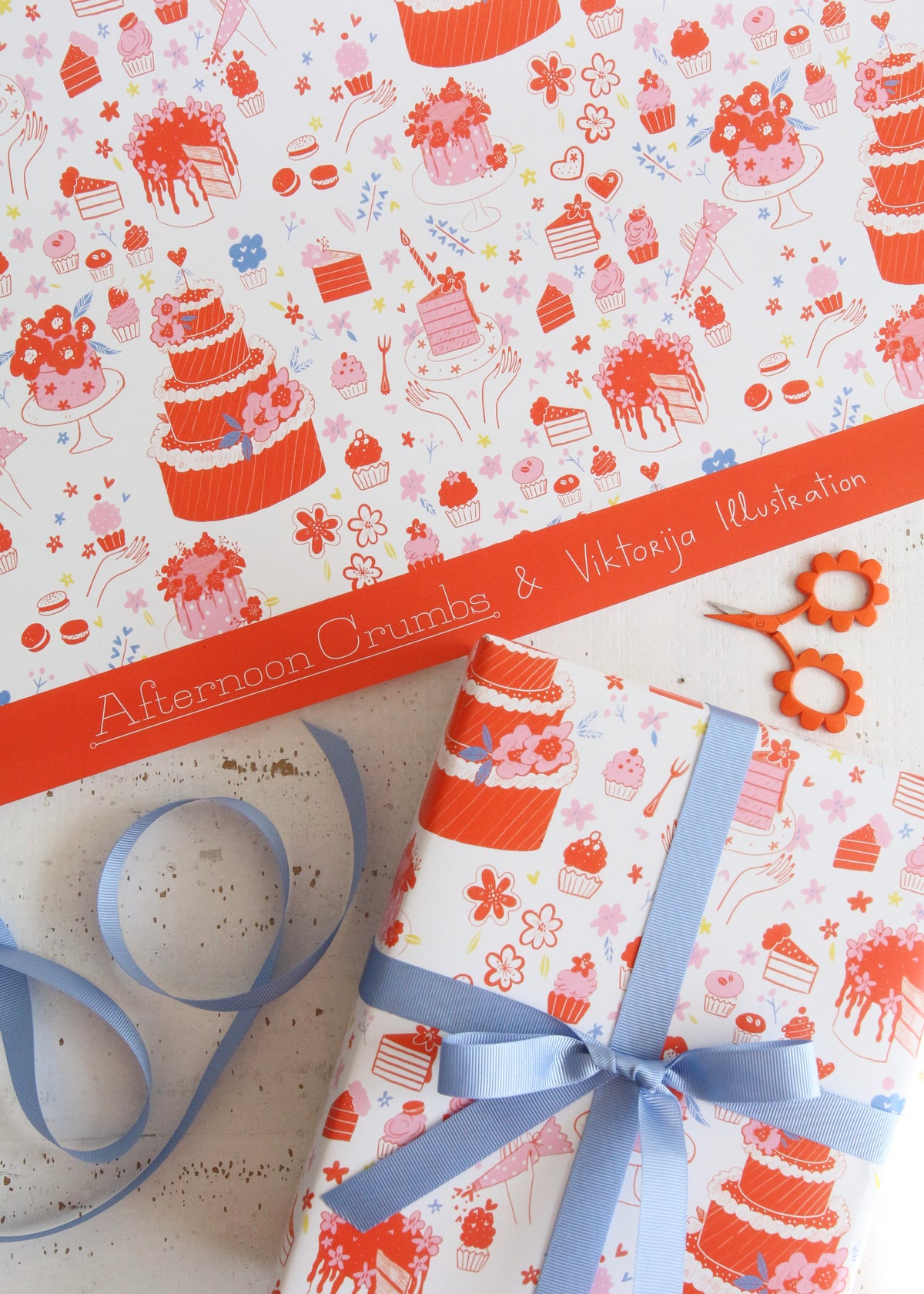 Cake & Cupcakes Orange Wrapping Paper with Logo & Ribbon
