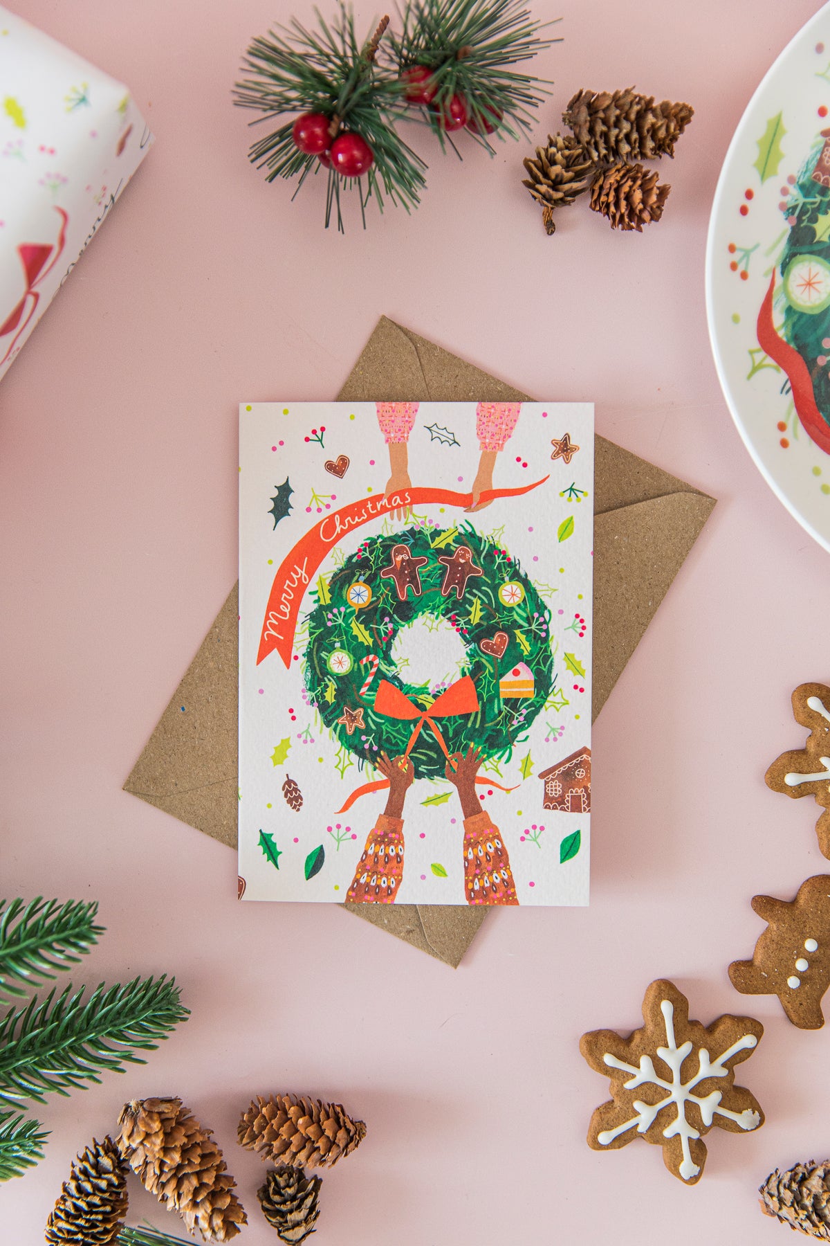 Afternoon Crumbs & Viktorija Illustration Wreath Christmas Card Flat Lay