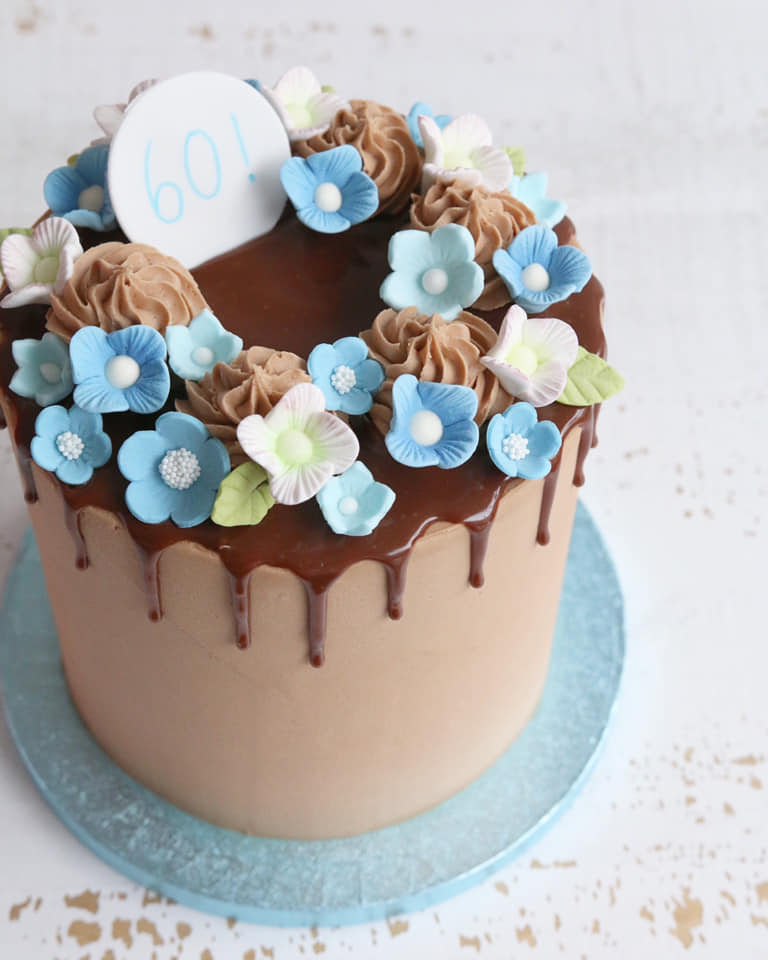 60th Birthday Blue Flowers Drip Cake