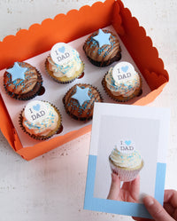 Box of "I Heart Dad" & Stars Father's Day Cupcakes with "I Heart Dad" Card