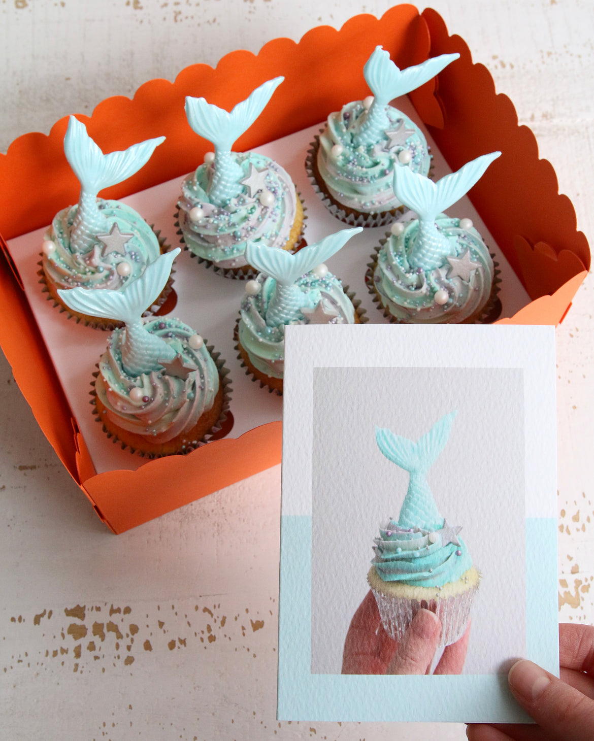 Box of Mermaid Cupcakes and Mermaid Cupcake Greeting Card