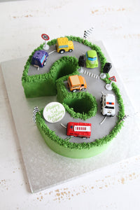 Buttercream Number 3 Cake with Toy Car Vehicles