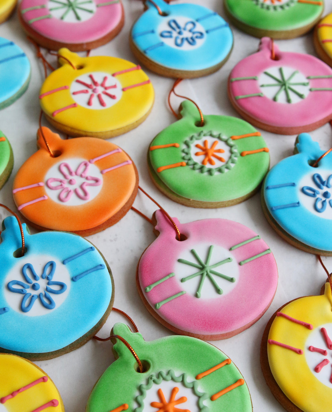 Christmas Bauble Biscuits at Angle