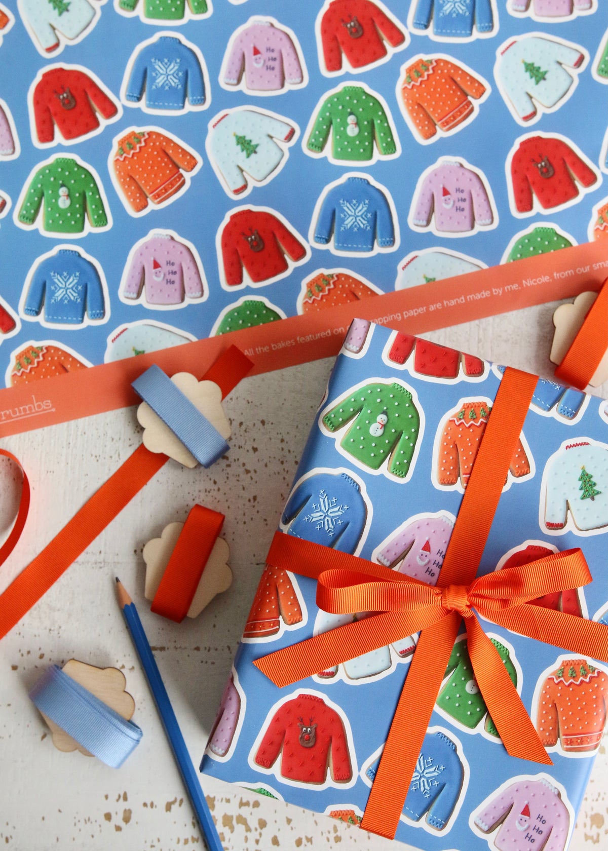 Christmas Jumper Biscuit Wrapping Paper with Logo & Ribbons