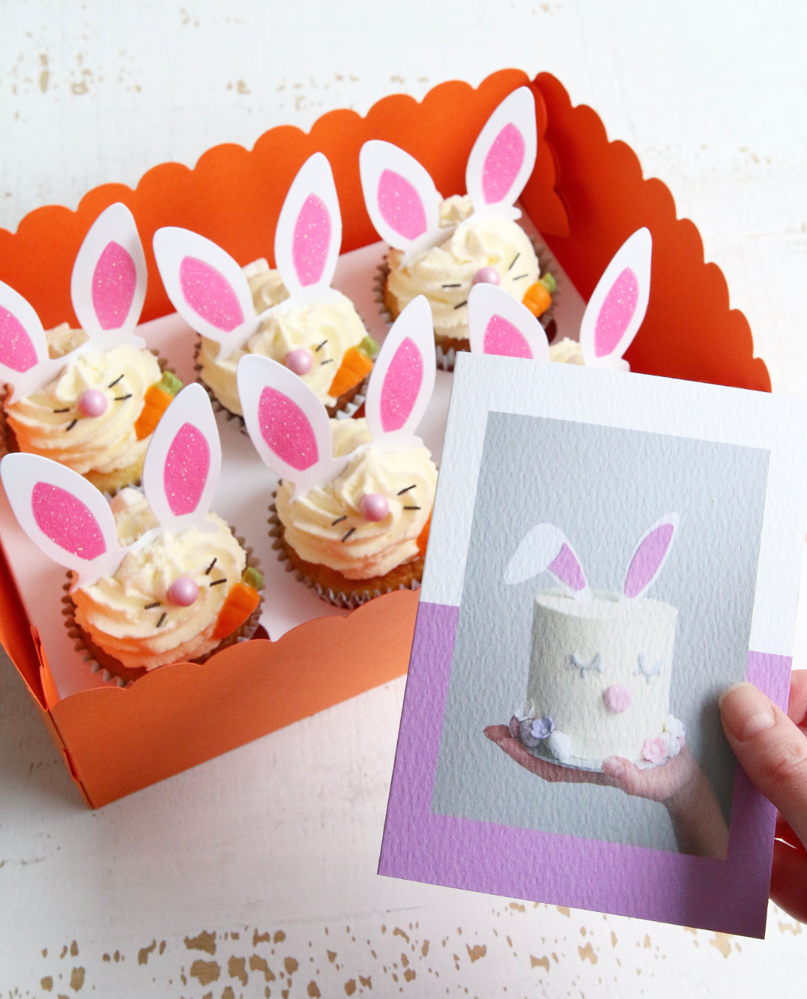 Box of Easter Bunny Cupcakes with Easter Bunny Cake Photo Card