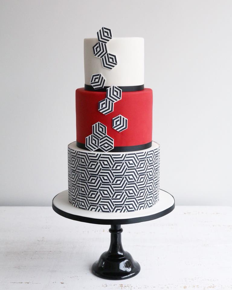 Tiered Geometric Red White & Black Cake