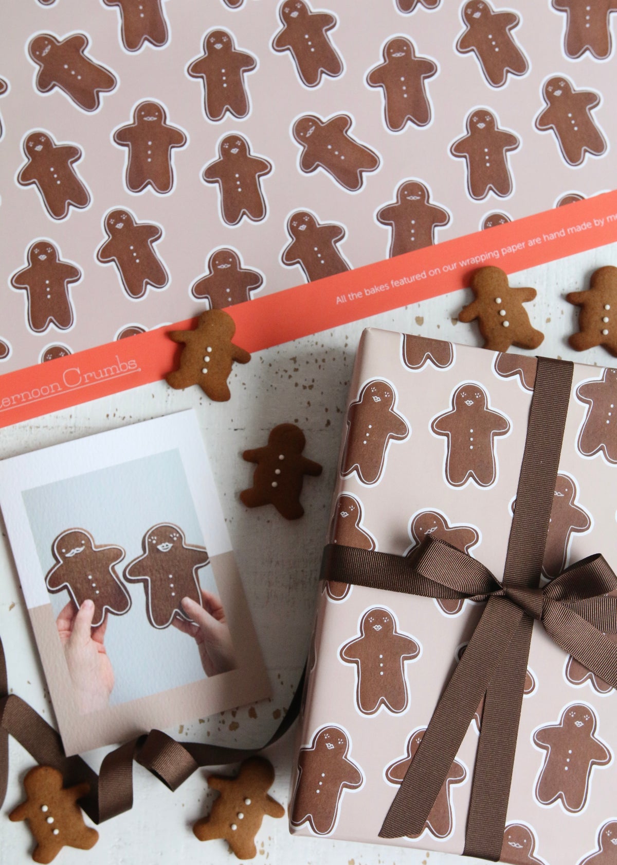 Gingerbread Man & Woman Christmas Wrapping Paper with Card & Ribbon