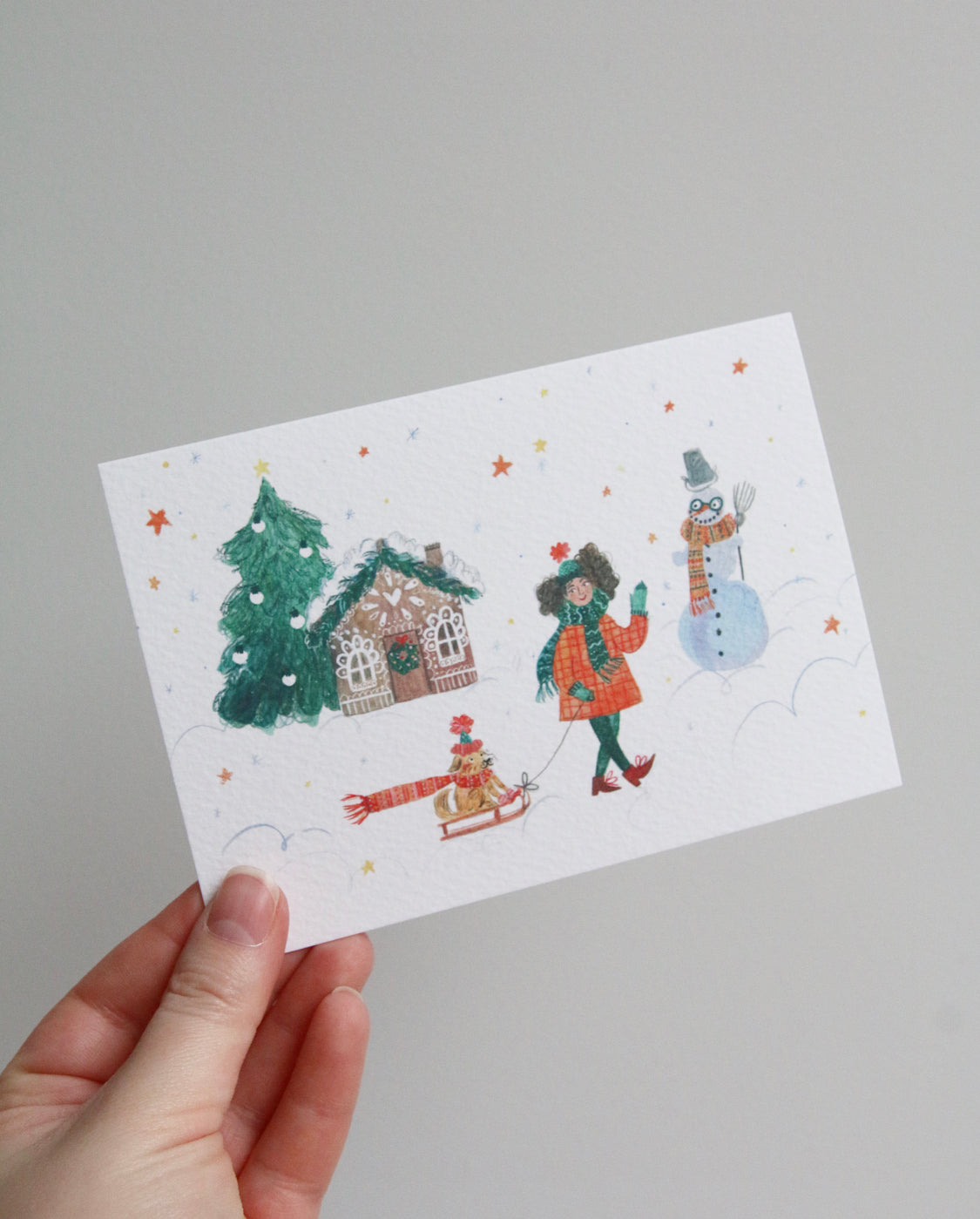Girl with Dog and Snowman Christmas Card