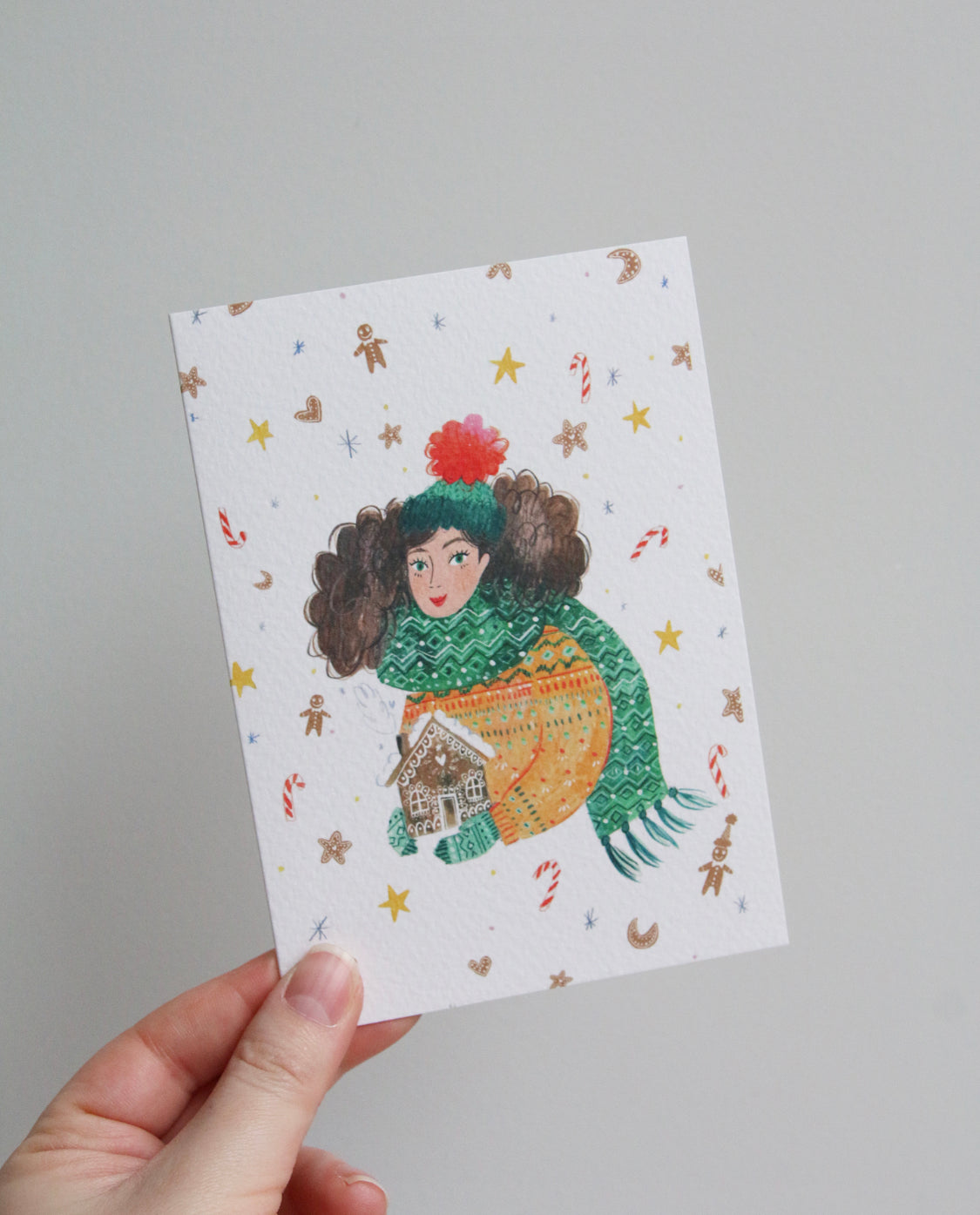 Girl with Gingerbread House Christmas Card