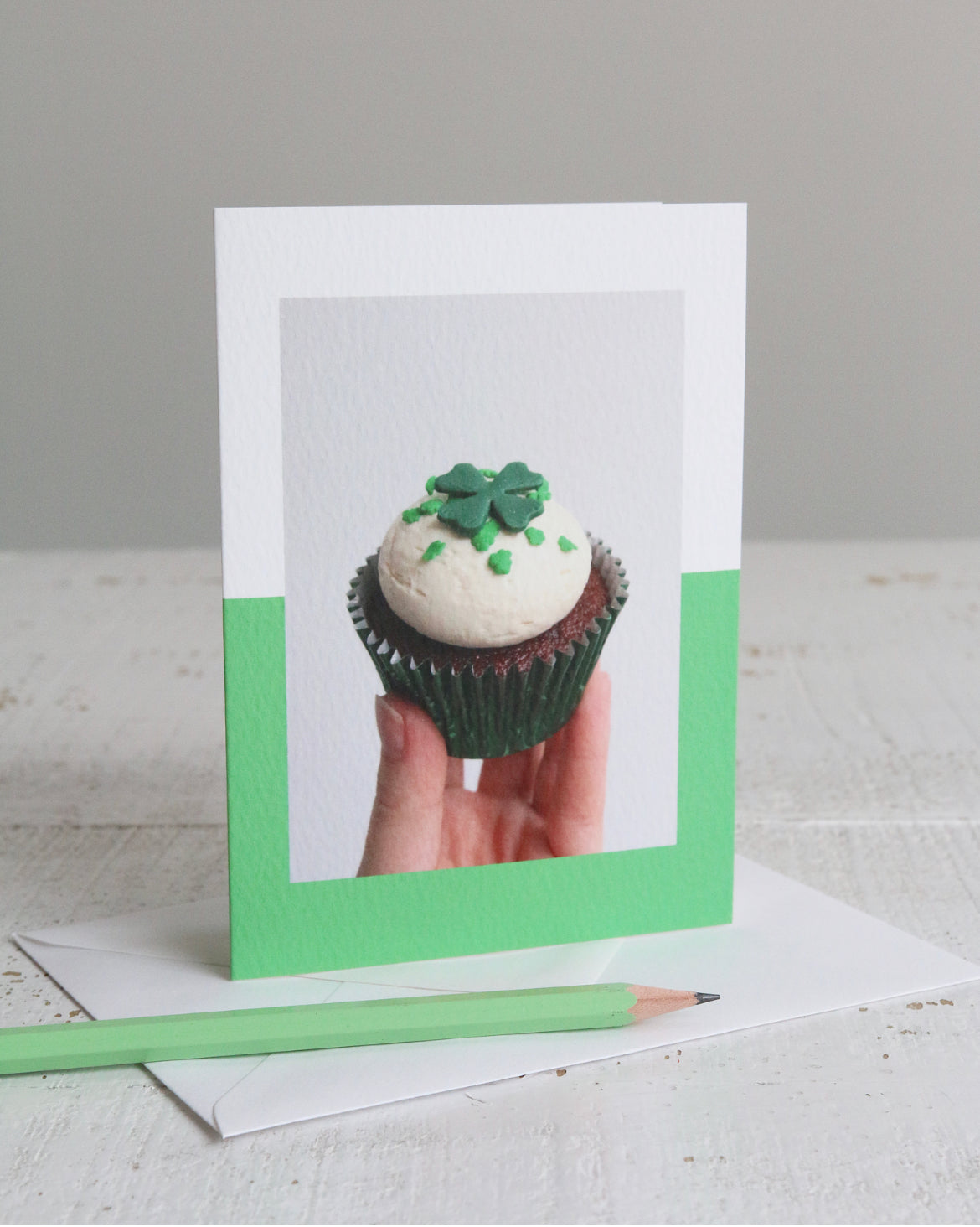 Good Luck Shamrock Cupcake Photo Card with Pencil