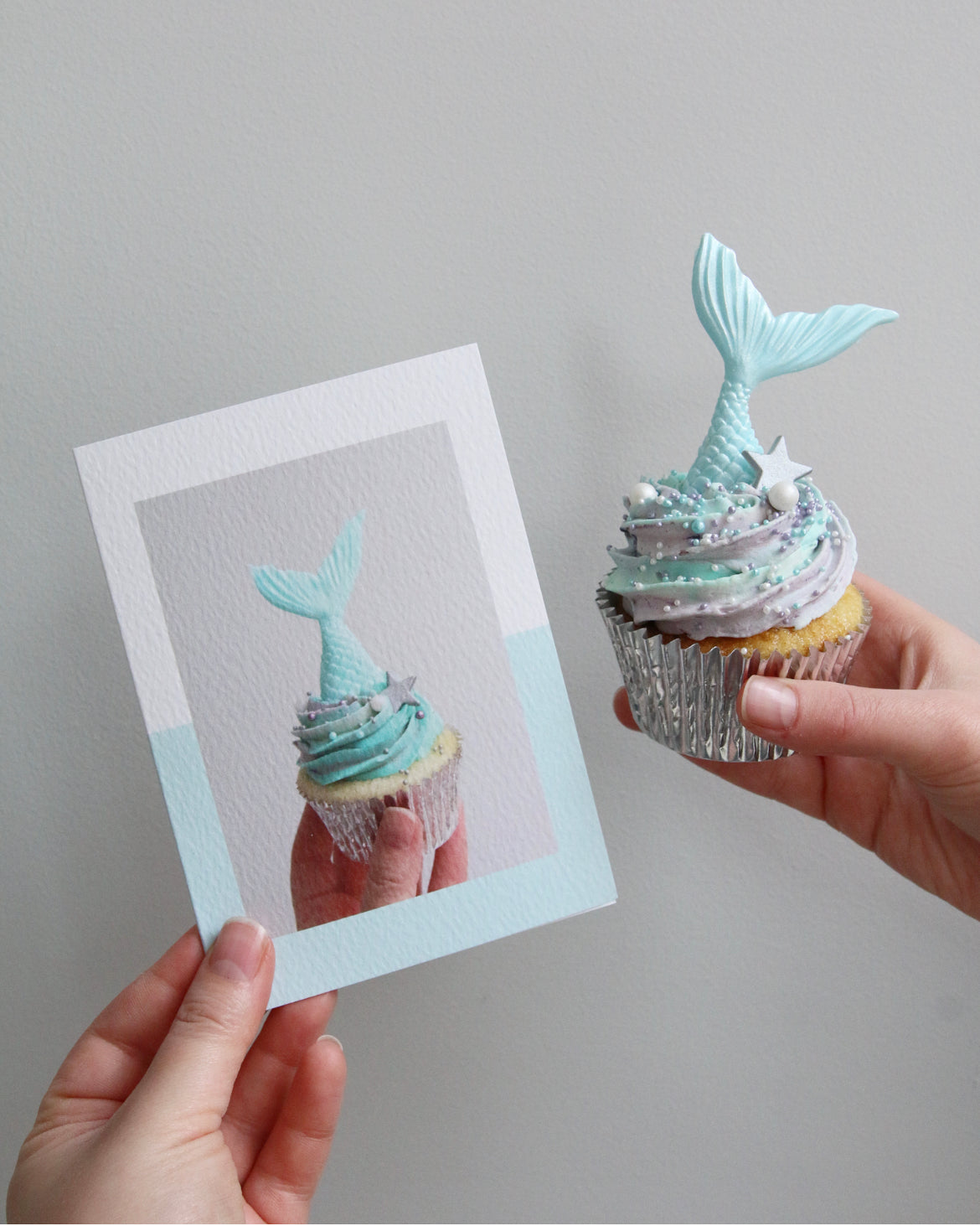 Holding Mermaid Cupcake Photo Card and Cupcake
