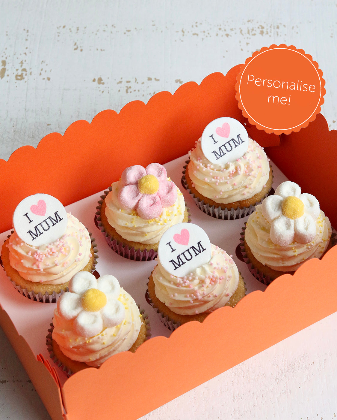 Box of I Heart & Daisy Cupcakes