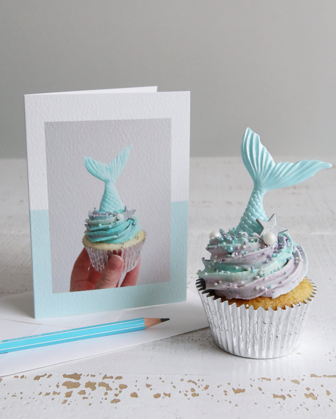 Mermaid Cupcake Photo Card with Cupcake and Pencil