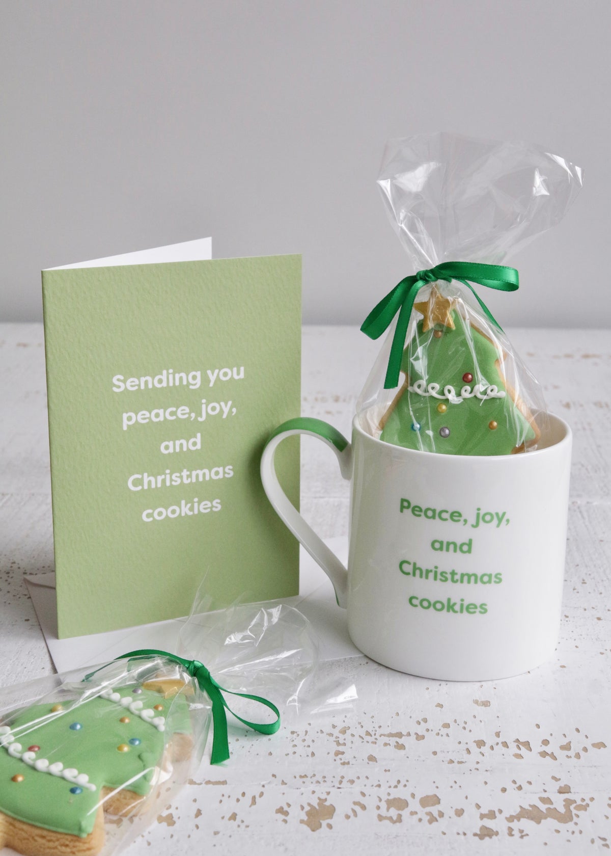 Peace Joy and Christmas Cookies Mug & Greeting Card with Christmas Tree Biscuits