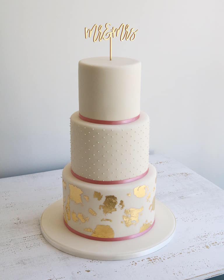 Pink, Gold Leaf, Swiss Dot Fondant Three Tiered Wedding Cake