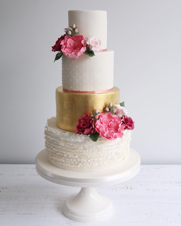 Wedding Cake with Ruffles, Gold Leaf and Pink Flowers