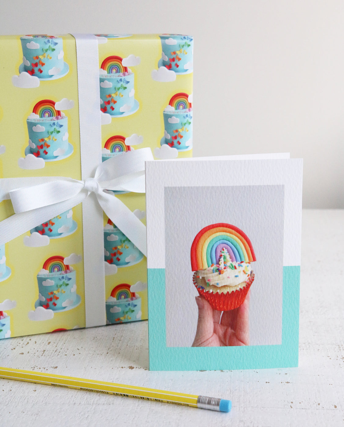 Rainbow Cake Wrapping paper and rainbow cupcake card