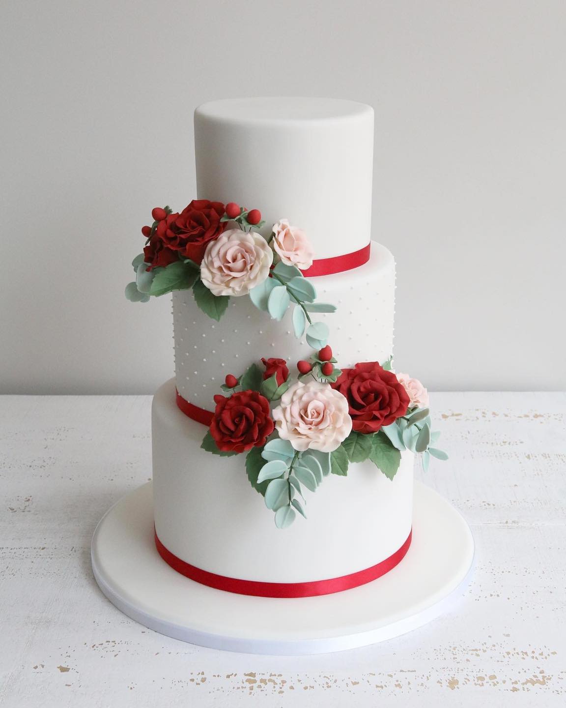 White Wedding Cake with Red & Pink Roses