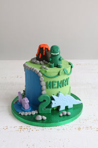 Single Tier Buttercream Dinosaur Cake with Fondant Dinosaurs, Volcano and Waterfall