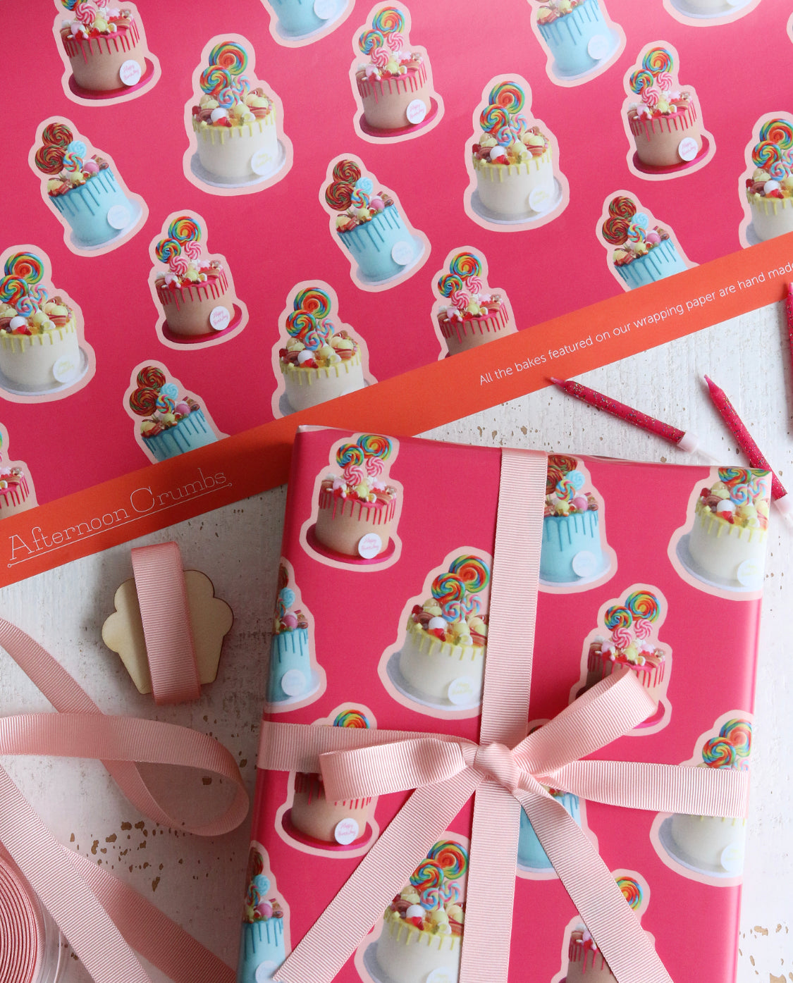 Sweetie Cake Pink Wrapping Paper with logo tied with Ribbon