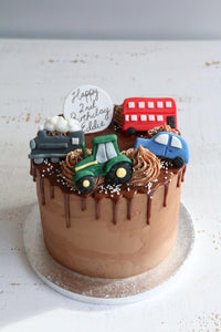 Vehicle Drip Cake with Tractor, Bus, Train and Car