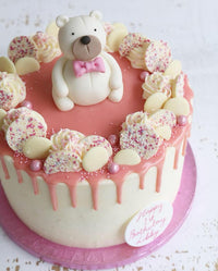 White Chocolate Teddy 1st Birthday Pink Drip Cake